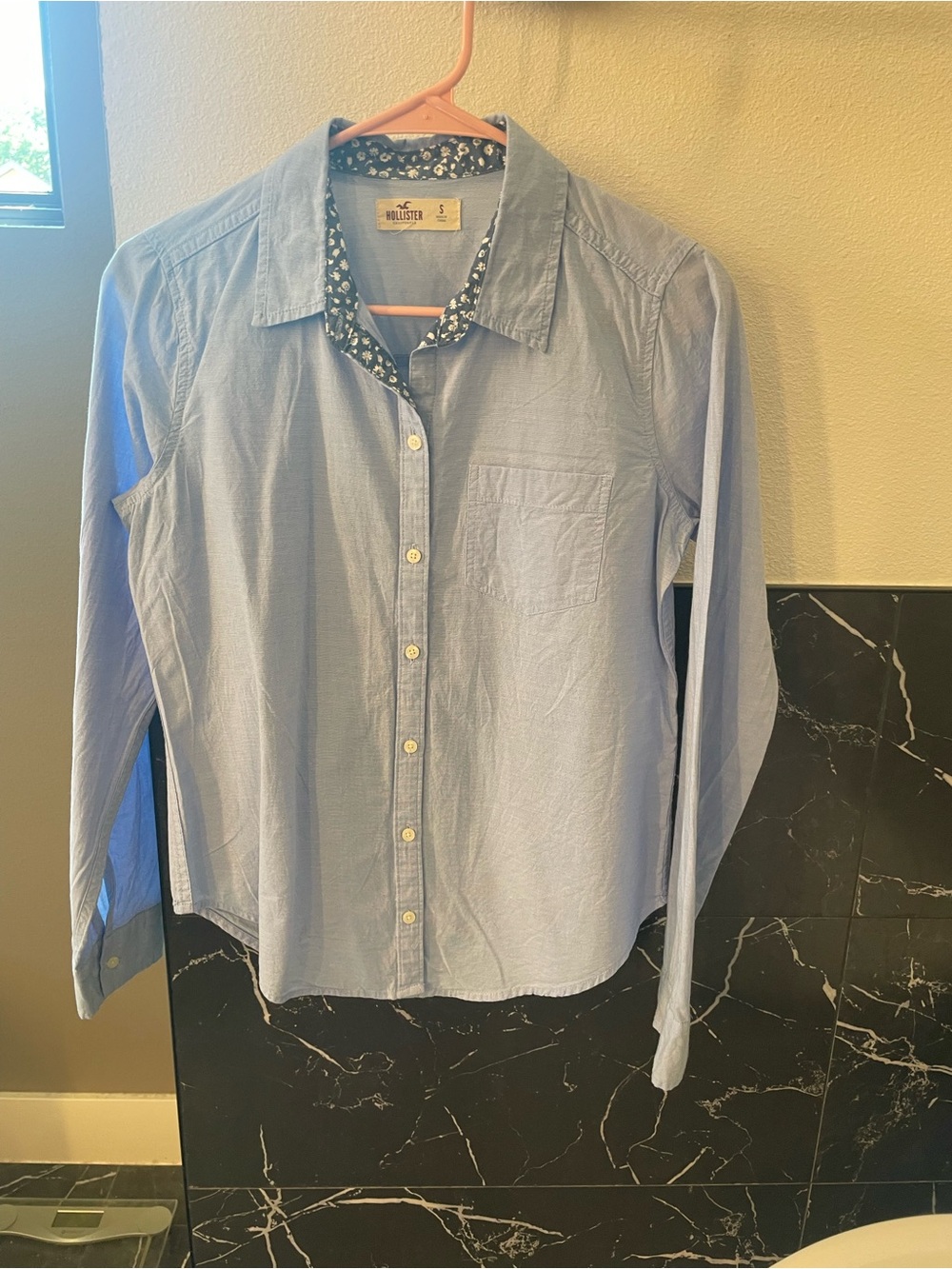 Hollister Light Blue Women's Button-Down Shirt with Floral Trim